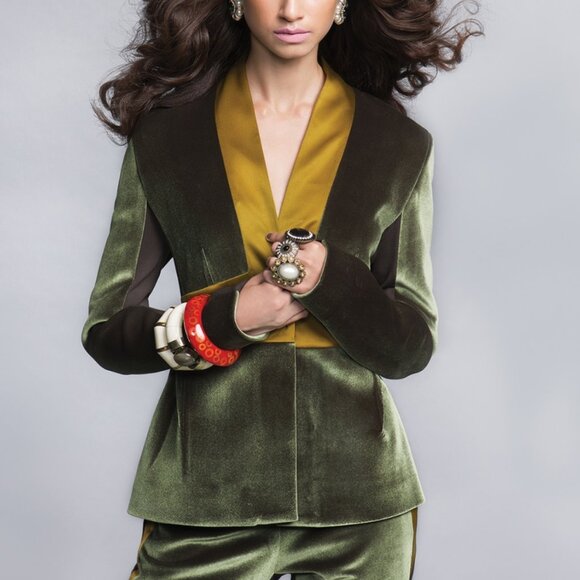 UNTTLD AW/18 Rafael Green Velvet Satin-Trim Blazer - Picture 1 of 9